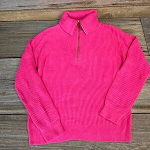 Talbots 1/4 zip rib knit sweater, hot pick with gold zipper, L, like new